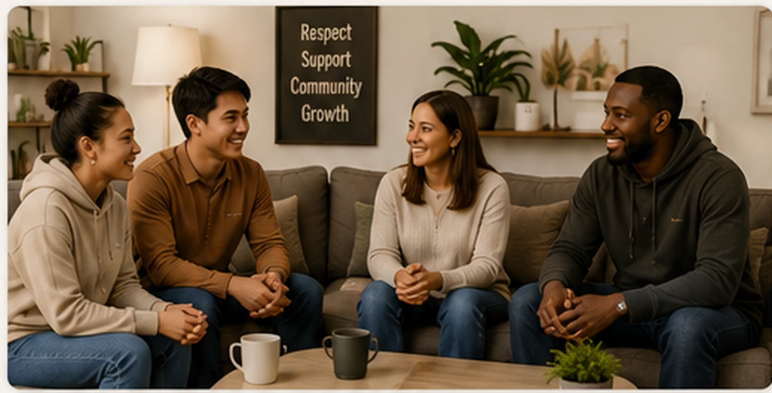 Residents building community in a shared living room